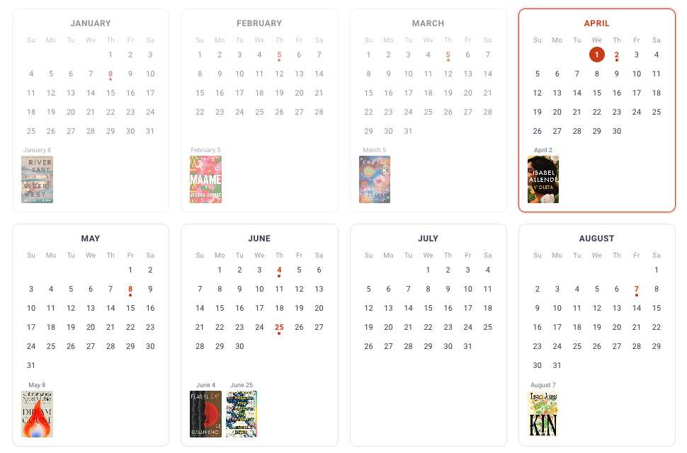 Official annual meeting calendar showing scheduled book club meetings