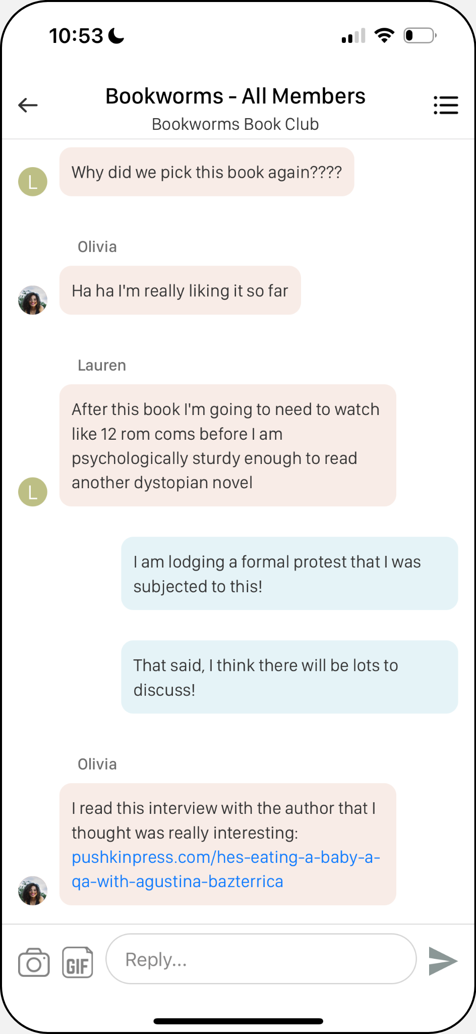 Official all-member group chat showing a conversation between book club members