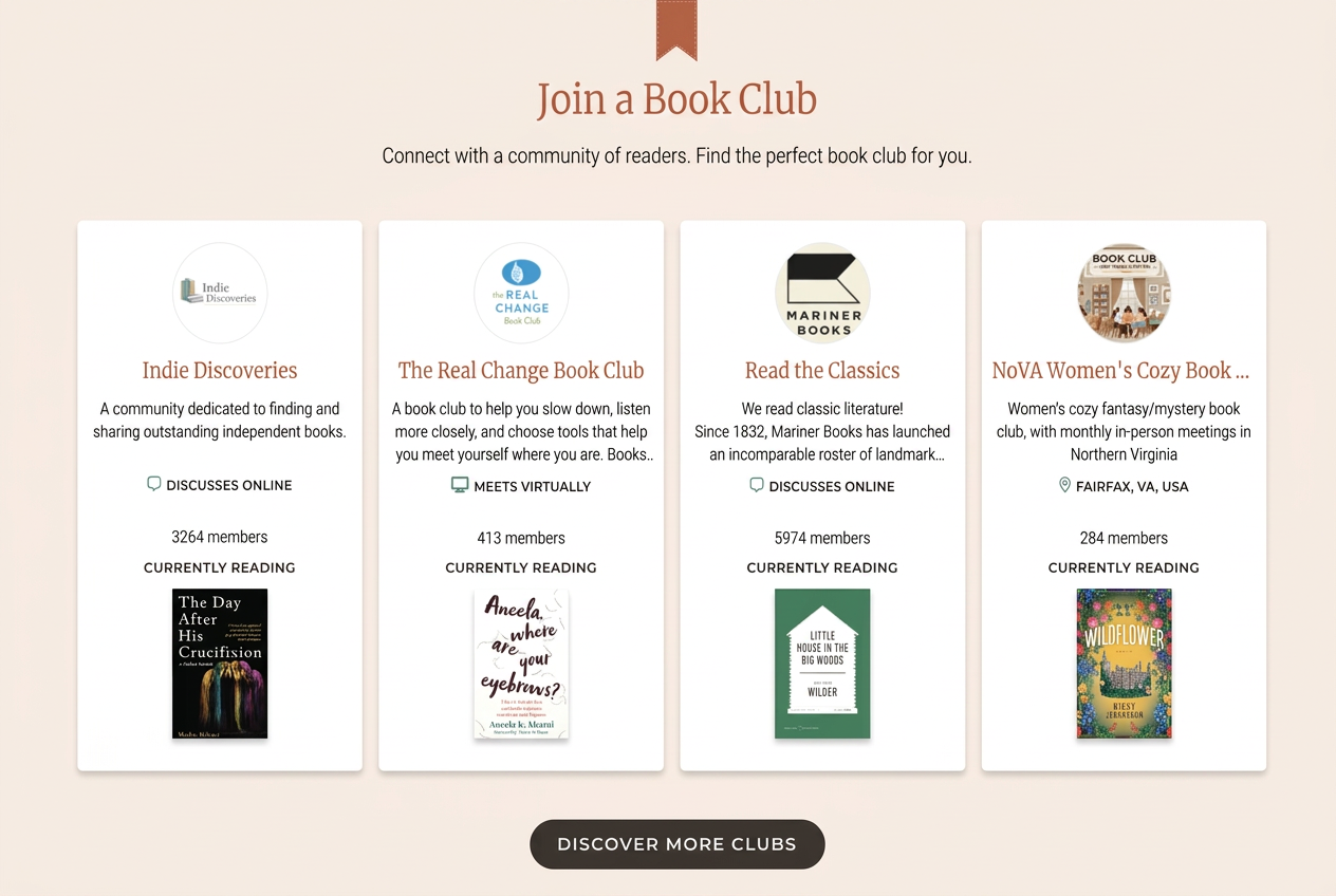 Join a Book Club — four book clubs you can join, each with a description, meeting format, member count, and current book